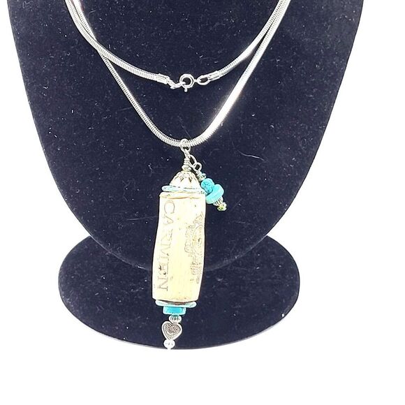 Handcrafted Wine Cork Pendant Necklace Boho Tribal Style Turquoise Beads 30" - Picture 4 of 7